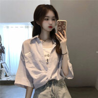 [Lili 's Home] Phiên Bản Hàn Quốc Mùa Hè 2021 Rời Ngắn Sọc Chữ Cái Cool Salt Design Áo Sơ Mi Tay Ngắn Top Quần Áo Nữ20250315