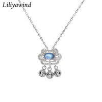 Liliya Mặt Dây Chuyền Chuông Nhỏ Màu Bạc Mong Ước Hòa Bình S925 Màu Xanh Moonstone Khóa Kéo Dài Tuổi Thọ Vòng Cổ Cho Nữ