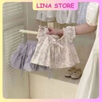 Linastore Sét bộ áo hoa nhí sát nách phối chân váy nơ tím dành cho bé gái Bộ đồ bé gái mùa hè