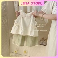 Linastore Set bộ bé gái áo sát nách phối quần suông chất thô cao cấp bé gái phong cách hàn quốc bộ bé gái mùa hè