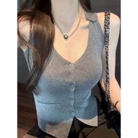 Linglong Quần Áo Nữ Khâu Áo Vest Dệt Kim Nữ Cổ Chữ V Ve Áo Áo Vest Không Tay Top Nữ Phong Cách Anh Nguyên Chất Desire Phong Cách Hàn Quốc ins Slim-fit Nhìn Ôm Hơn Phù Hợp Với Áo Vest Retro