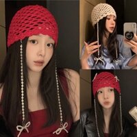 LINHTUXEDO - MŨ NÓN TURBAN LEN ĐAN TRƠN MÀU KÈM DÂY TRÂN CHÂU TRẮNG NƠ RIBBON