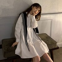 [linin] Đầm Cổ Hải Quân Dáng Rộng Phong Cách Pháp Mỏng Nhẹ + Đầm Sơ Mi Phối Khăn Choàng