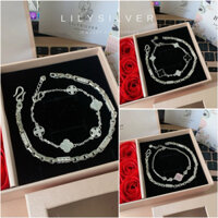[Link 1-TẶNG CHỨNG CHỈ TÌNH YÊU] Lắc tay đôi Lily Silver, vòng tay bạc nam nữ mix charm 4 lá xinh xắn chất liệu bạc thật