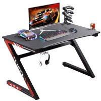 Lipo Z Gaming Desk Z Shaped Office PC Gamers Computer Gaming Table with Retractable Cup Holder Headset Headphone Hook (Black & red)