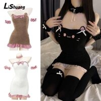 Lishuang Váy sang trọng Unifrom, Thiết kế nơ Quần áo hầu gái phục vụ dễ thương, Cosplay lưng thấp Trang phục mèo đen Trang phục hóa trang Nhà thú cưng