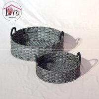 [Liti Shop] - Khay tròn đựng đồ đan dây nhựa quai cầm đen - xinh xắn