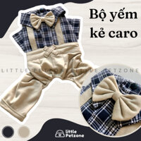 [Little Petzone] Bộ yếm quần kẻ kèm nơ cho thú cưng