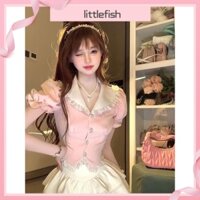 [littlefish] Áo Sơ Mi Xanh Dương Tay Ngắn Phồng Cổ Búp Bê Phong Cách preppy Cá Tính Mùa Hè Có Sẵn size Lớn Cho Nữ
