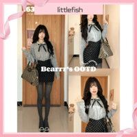 [Littlefish] Bộ đồ hai mảnh kiểu Chanel nhỏ nhắn, áo len cổ tròn tay dài, váy bodycon chấm bi cao cấp, có kích thước lớn