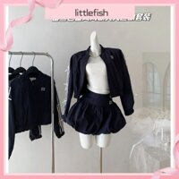 [Littlefish] Bộ đồ thể thao phong cách múa ba lê ren nữ áo khoác Tennis màu xanh nước ngoài dáng ngắn áo khoác xuân thu Bộ đồ hai mảnh váy ngắn cỡ lớn