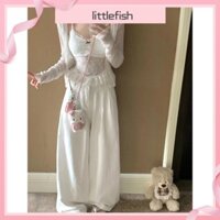 [Littlefish] Cô gái du lịch sang trọng mùa hè Áo Hai Dây Ren Phong Cách mong muốn thuần khiết áo hai dây áo khoác dài tay chống nắng quần ống rộng cạp cao Bộ đồ ba mảnh cỡ lớn