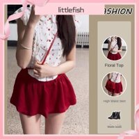 [Littlefish] thiếu nữ phong cách ngây thơ HOT GIRL Áo sơ mi tay phồng in hình quả anh đào ngọt ngào Áo sơ mi chân váy cạp cao Bộ hai chiếc Size Lớn