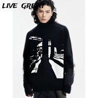 Live GREA Áo len nam xu hướng mới thời trang cá tính in dáng rộng hoang dã dài tay sợi dệt kim