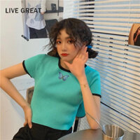 LIVE GREAT Áo Thun Ngắn Tay In Hình Bướm Màu Sắc Phong Cách Hàn Quốc Dành Cho Nữ