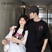 Live GREAT Cặp đôi in hình hoạt hình Áo thun dáng rộng