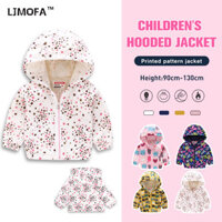 LJMOFA Áo khoác mùa thu mỏng cho bé gái 2-7 tuổi Áo khoác có mũ trùm đầu họa tiết in hình Áo len có khóa kéo Áo khoác in hình trẻ em