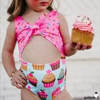 LJW-Kid Girls Swimsuits, Biscuit/Cake Print Sleeveless V-neck Cutout Bathing Suit Swimwear