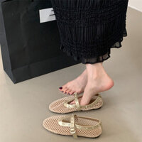 [Lk] Thiết Kế Feel Fishnet Rỗng Giày Ba Lê Mùa Xuân Hè 2025 Phong Cách Mới Đế Mềm Dây Đeo Khóa Phẳng Kim Cương Giả Giày Đơn Dép