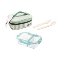 LLG457S1 – Bộ hộp thủy tinh chia 2 ngăn Lock&Lock 860ml gồm túi, muỗng, nĩa – Màu Mint