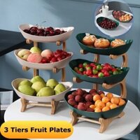 【LLKQQ】 Đĩa trái cây bằng nhựa 3 tầng với giá đỡ gỗ Bát phục vụ hình bầu dục cho bữa tiệc Thức ăn Máy chủ Hiển