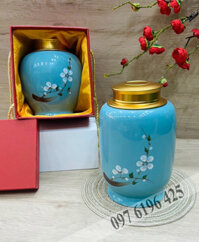 Lọ chè dáng bí màu xanh vẽ đào