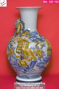 Lọ độc bình dáng tỏi, mã 320103, men rạn cổ, hoa văn đắp nổi 3D, rồng cuốn, linh khí thăng long, cao 65 ngang 38 cm, bình gốm phong thuỷ bát tràng tinh vân