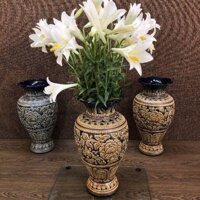 Lọ đùi dế khắc nổi hoa dây H45cm,Đk 23cm men hoàng thổ - Vàng,H45R23