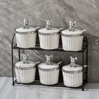 Lọ Đựng Gia Vị Bằng Sứ Nắp Gấu Có Khay 2 Tầng Tiện Lợi