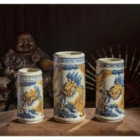 Lọ Đựng Hương/Ống Đựng Hương,Ống Cắm Hương Họa Tiết Vẽ RỒNG-SEN Men Rạn Cao Cấp Bát Tràng/Gốm Gạo.