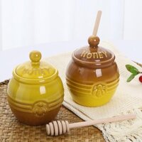 Lọ đựng mật ong cổ điển bằng gốm có que khuấy bằng gỗ Hộp quà tặng mật ong Crock