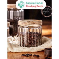Lọ đựng phụ gia thuỷ tinh nắp gỗ kẻ sọc