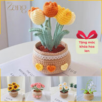 Lọ hoa len tulip, hoa hướng dương, hoa hồng nhiều màu trang trí bàn học, bàn làm việc