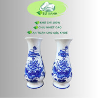 Lọ hoa sen men trắng, bình bông, đồ thờ cúng gia tiên gốm sứ Bát Tràng Hoạ tiết vẽ tay Sứ Xanh