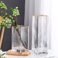 Lọ hoa thủy tinh hình trụ vuông, miệng viền vàng sang trọng, cao 25 cm, chuyên cắm hoa, trồng cây thủy sinh .