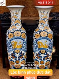 Lọ lục bình phúc đức rát vàng 24k, mã 313041, men rạn cổ, hoa văn đắp nổi 3D cao cấp, lọ lộc bình gốm bát tràng tinh vân cao 1.75 m cả đế