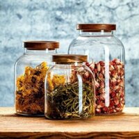 Lọ thủy tinh nắp gỗ đựng hạt, đồ khô