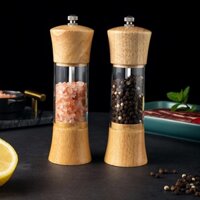 Lọ xay tiêu cầm tay vỏ gỗ sồi thân trong suốt (GA06), xay tiêu và muối gia vị cho nhà hàng/gia đình