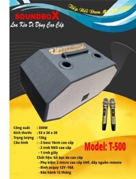 Loa kéo SoundBox T-500 350w 2 bass 16cm gỗ bọc da cao cấp kèm 2 micro UHF không dây hát karaoke T500 [BH 1 năm]