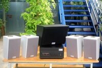 Loa treo tường, phát nhạc nền thông báo: Amply A501 Goldsound 500w + 4 loa Goldsound V58c 58w + 01 trầm, loa được thiết kế riêng cho quán, bật lớn không tạp âm, miễn phí công lắp đặt, bảo hành dài hạn 5 năm.