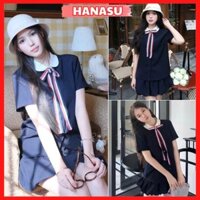[LOẠI 1-CÓ ĐỆM VAI] Set váy nữ Set áo sơ mi xanh cổ sen kèm nơ tiểu thư mix chân váy bí phồng chất xước thái  B34-HANASU