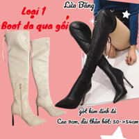 (Loại 1 đế nâu lùi 1 size) Boot Nữ qua gối da PU cao cấp lót lông gót kim đính đá sang chảnh chuẩn hàng Hongjin 1120