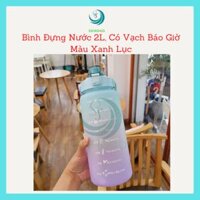 LOẠI CAO CẤP-Bình đựng nước 2 lít có vạch chia ML, báo giờ uống nước kèm ống hút- CHỌN MÀU-Tặng kèm 4 sticker-Bình đựng nước cho người lười uống nước, có vạch chia báo nhắc giờ uống nước - Xanh lục