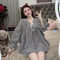 Loại đẹp Set babydoll tiểu thư tay dài quần Đùi phồng caro vải đũi xốp, đồ bộ nữ kẻ caro dáng babydoll buộc nơ bánh bèo