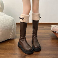 (Loại I-Hàng Mới về)Giày bốt đùi nữ cổ lông da lì phối nơ tiểu thư bốt đùi nữ 5p cổ lông kéo khoá sau Eudora899 B129