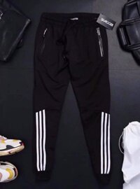 LOẠI TỐT - GIÁ SỈ QUẦN NỈ KHÓA TÚI BO CHÂN BA SỌC XƯƠNG CÁ , QUẦN JOGGER NAM NỮ THỂ THAO LƯNG DÂY RÚT - ĐEN 3 SỌC XƯƠNG CÁ - FREE SIZE 45-62KG