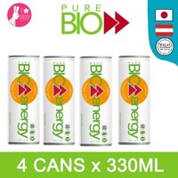 Lốc 4 lon PURE BIO Energy - Nước năng lượng có ga làm từ trái cây hữu cơ 330ml