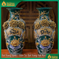 Lộc Bình 55cm Men Xanh Lục Bảo, Đắp Nổi Kênh Bong Phúc Đức Sen Cá