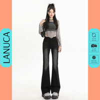 (LOE NẤM LÙN) Quần Jean Nấm Lùn Ống Loe Cho Nữ 9 Tấc 90cm Co Giãn Lưng Cao Màu Đen Xám Khói Bụi 1m40 1m45 1m48 1m50