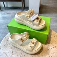 [Logo] Dép nữ 2 quai Croccs Đế Cao màu kem - Cross Sandal Nữ Đế Cao, tặng kèm 12 charm